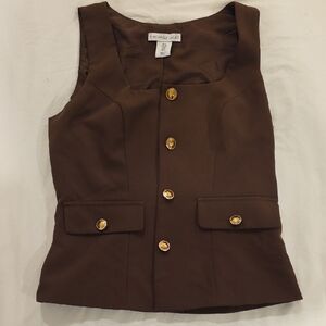 Brown Button-Up Vest with Gold Accents